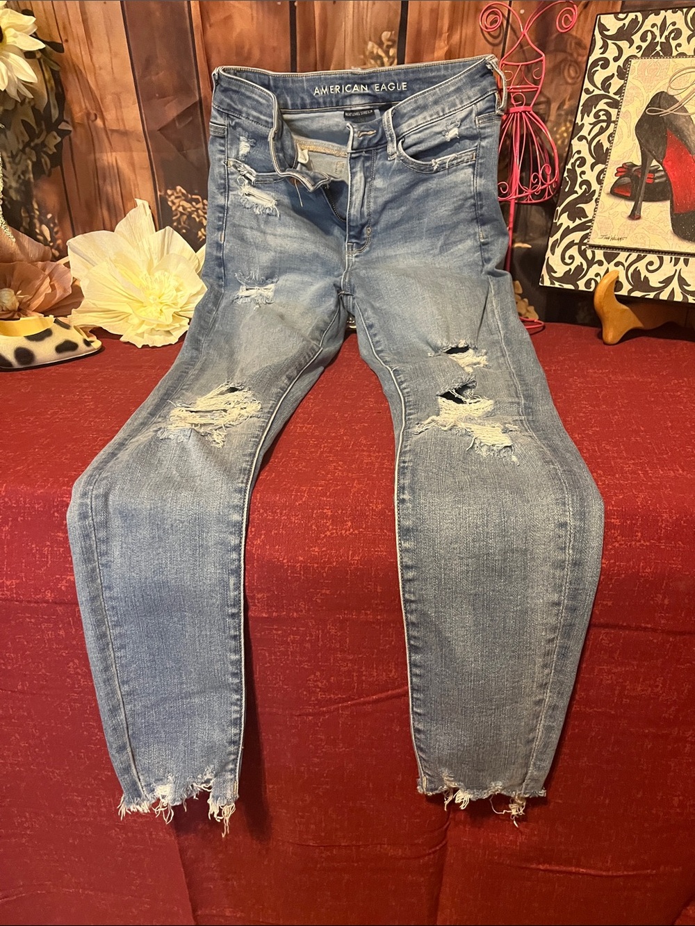 American Eagle Outfitters Women's Light Blue Distressed Skinny Jeans